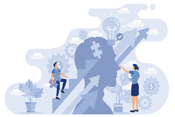 Illustration of a man and woman climbing up a ladder to imply upskilling