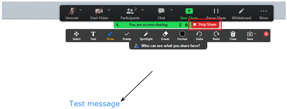 To stop sharing the Whiteboard feature, click on Stop Share example