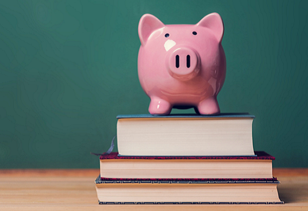 A Pink Piggy bank on top of three books