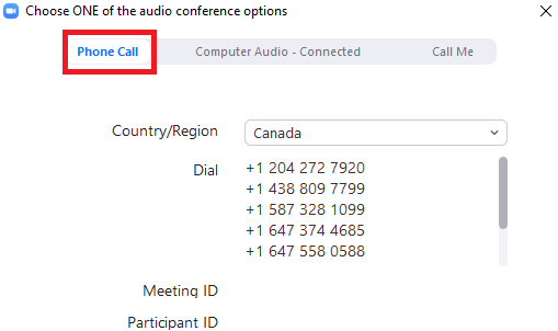 If for some reason (i.e. system constraints) you would like to dial-in to hear the seminar, click the Phone Call tab and dial one of the numbers shown; you will be asked to enter the Meeting ID and your Participant ID through your phone keypad.
